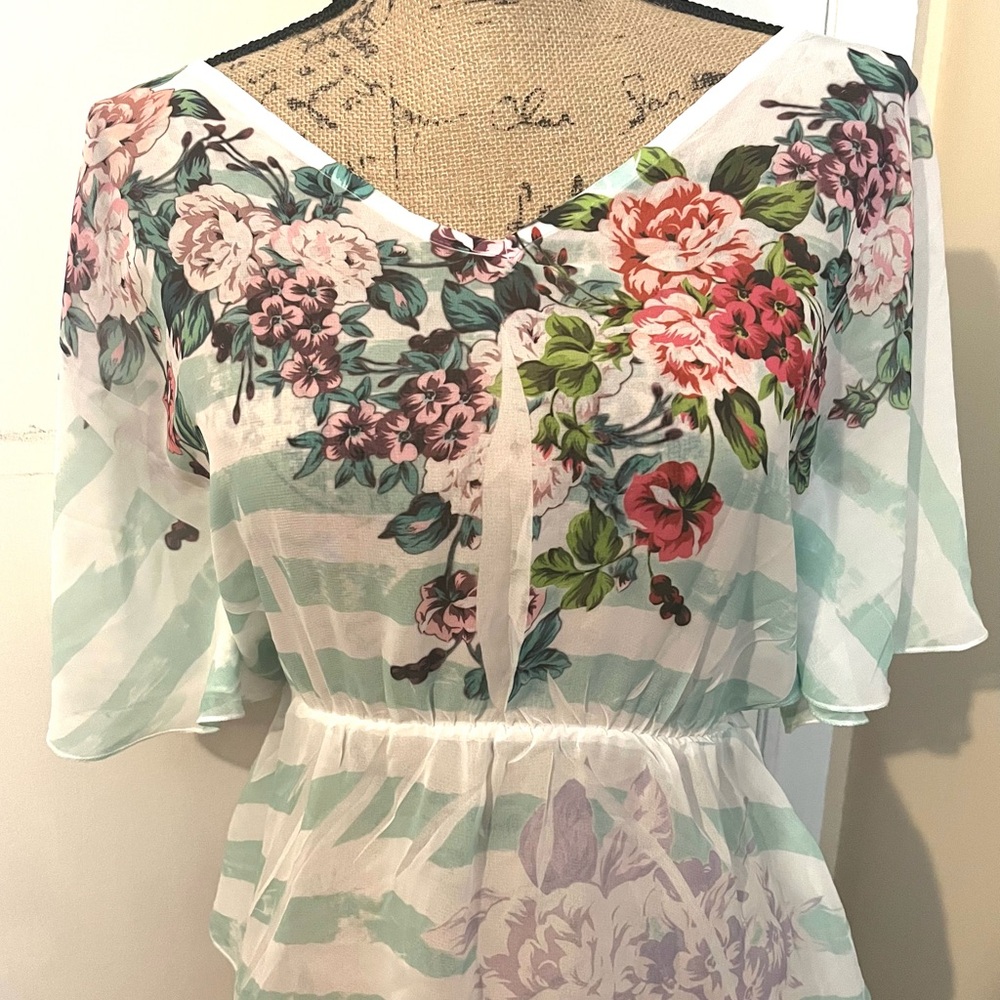 Papaya - Green and Blue Flutter Sleeve Peplum Blouse